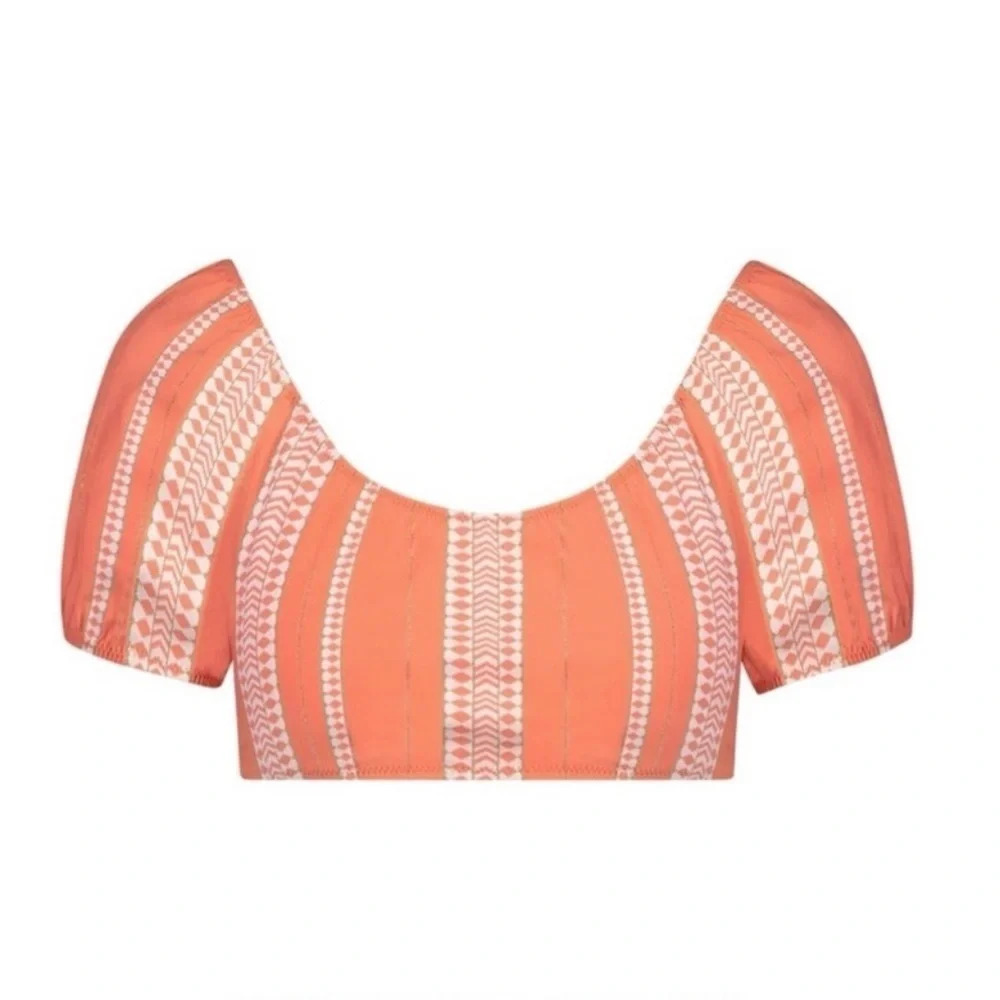 Lemlem Geometric Gold Stripe Swim Top Coral Orange Large Vacation Swim Boho
